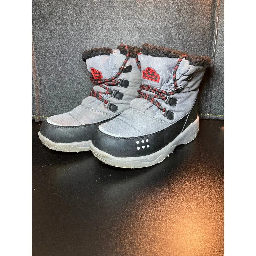 Bearpaw Tundra Youth Snow Boots Grey Black Red Wool Blend Insulated 2363Y Size 4